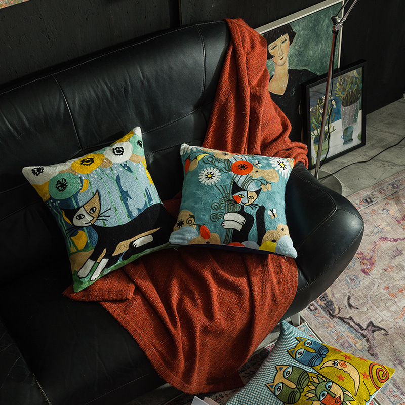 Wholesale Abstract Painting Cushion Cover, Embroidery Cotton Canvas  Cartoon Cushion Cover /
