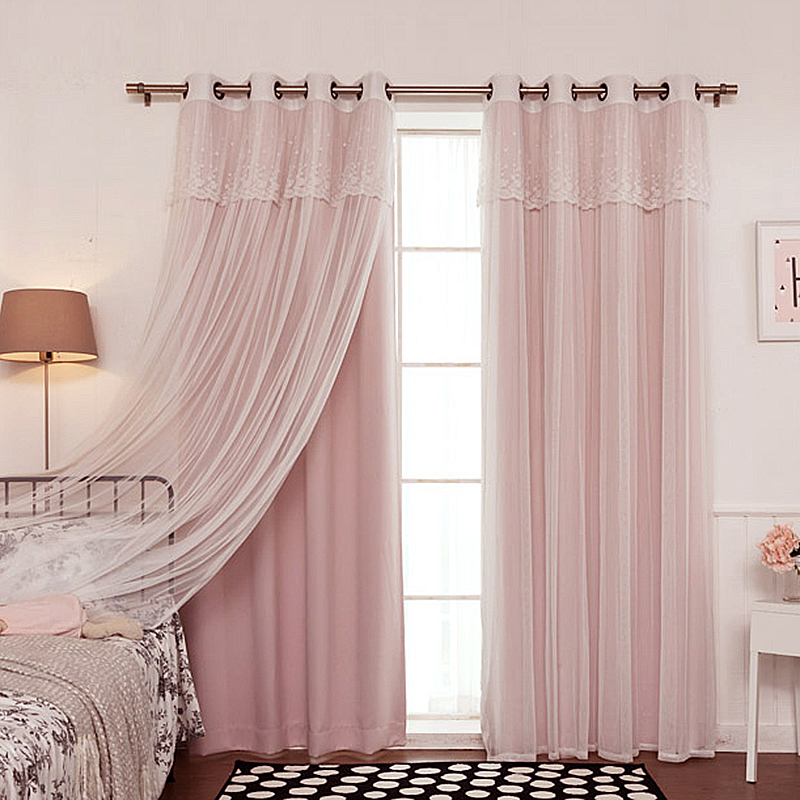 2 Layers Hollow The Stars Blackout Curtain for Bay Window,Princess Lace Curtain For Girls Living Room Bedroom Window Panel/