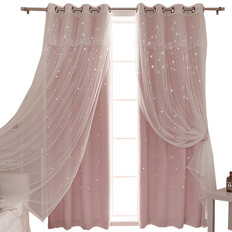 2 Layers Hollow The Stars Blackout Curtain for Bay Window,Princess Lace Curtain For Girls Living Room Bedroom Window Panel/