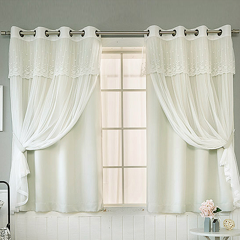 2 Layers Hollow The Stars Blackout Curtain for Bay Window,Princess Lace Curtain For Girls Living Room Bedroom Window Panel/