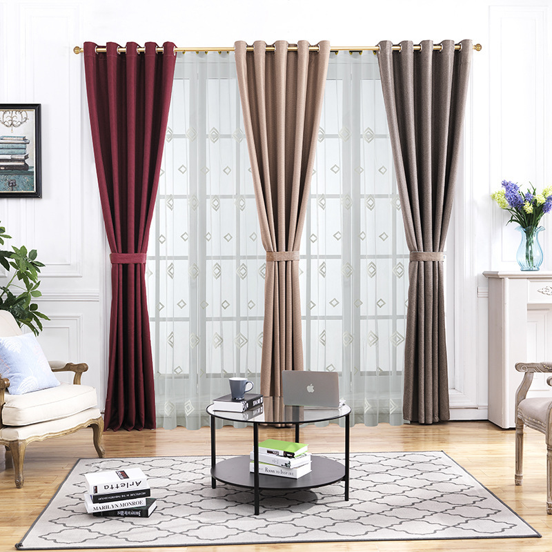 solid ready made blackout checkered linen curtains for bedroom windows
