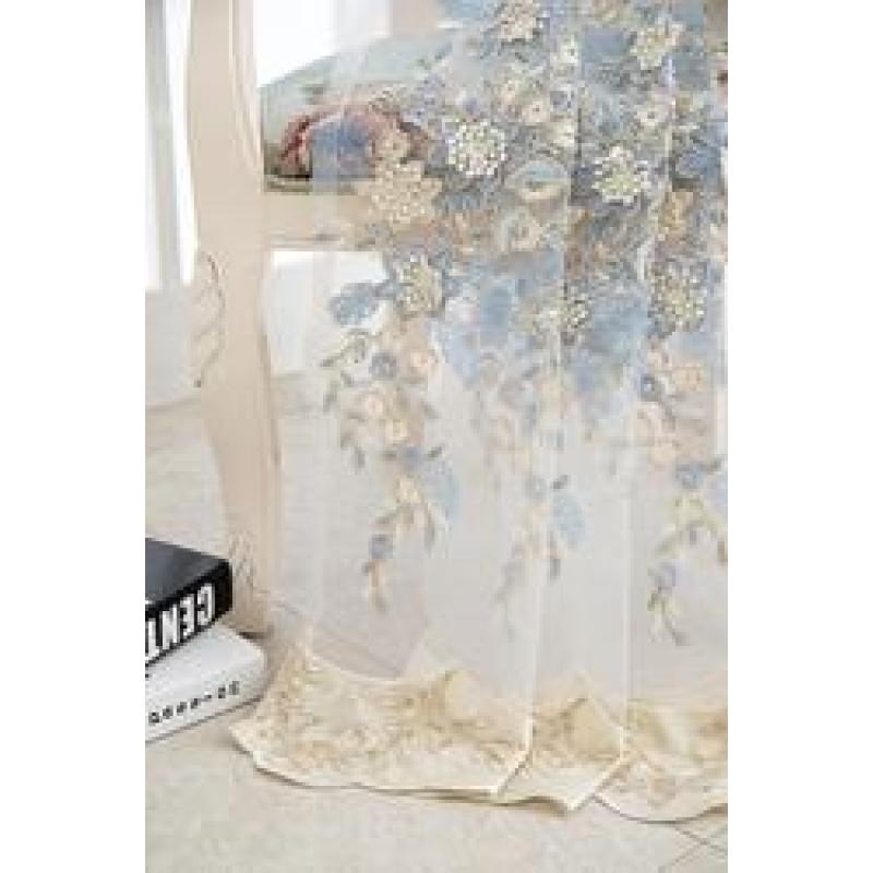 Tissu de rideau transparent Shaoxing Textile, rideau de fenêtre en tissu transparent de luxe de style européen avec broderie blanche #