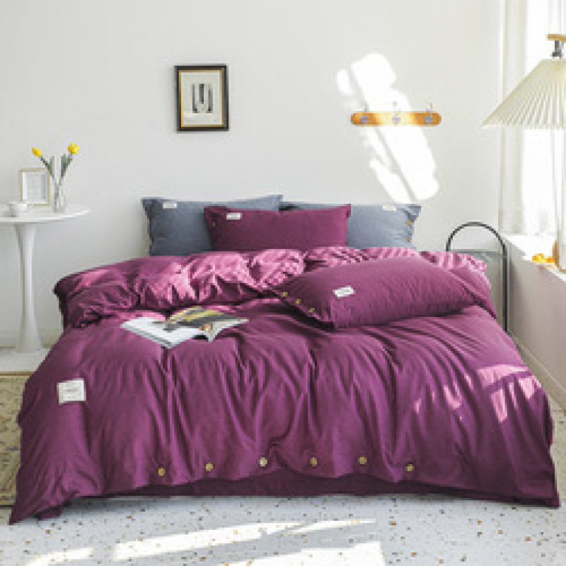New button 4-piece set 60s yarn-dyed cotton plain plain bedspread 4-piece set Single double bed Set/
