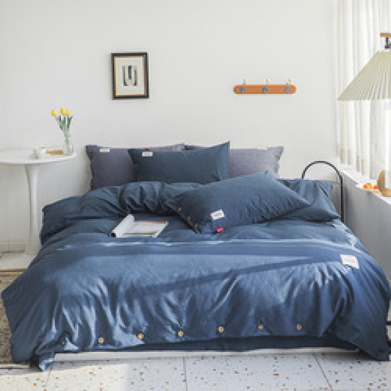 New button 4-piece set 60s yarn-dyed cotton plain plain bedspread 4-piece set Single double bed Set/