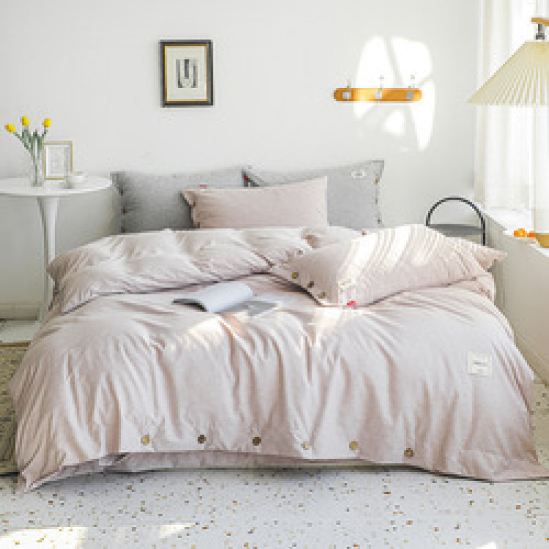 New button 4-piece set 60s yarn-dyed cotton plain plain bedspread 4-piece set Single double bed Set/
