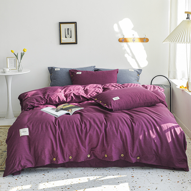 New button 4-piece set 60s yarn-dyed cotton plain plain bedspread 4-piece set Single double bed Set/