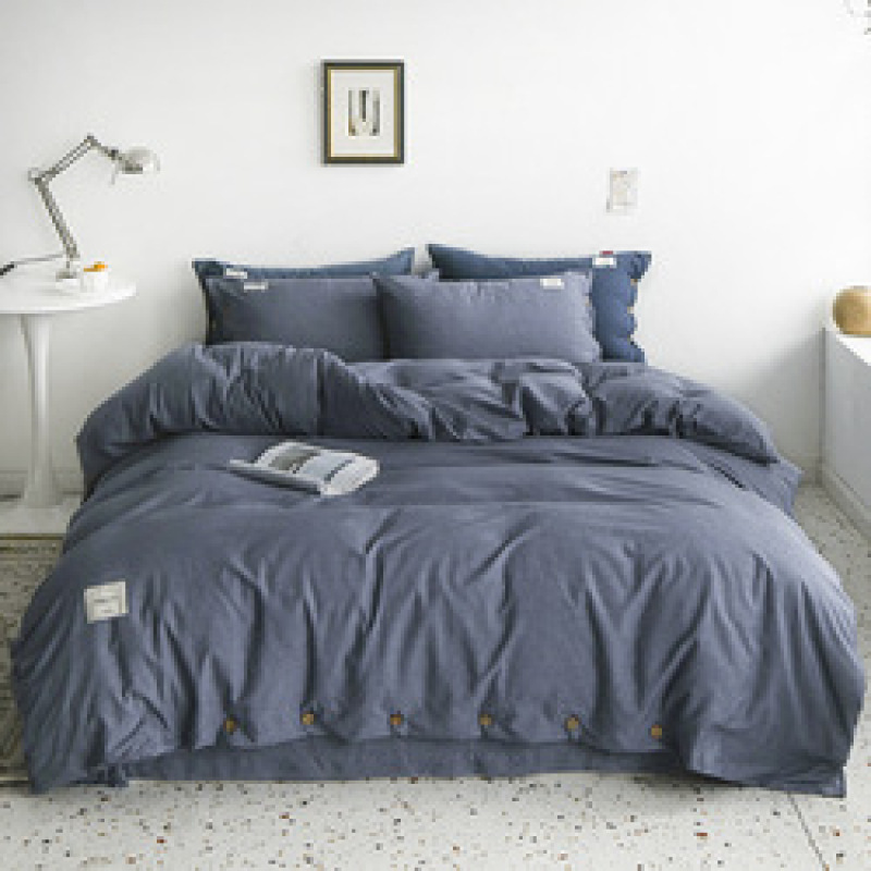 New button 4-piece set 60s yarn-dyed cotton plain plain bedspread 4-piece set Single double bed Set/