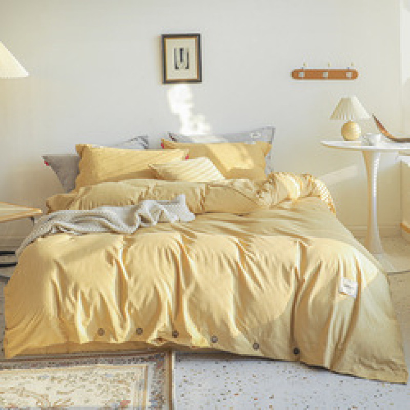 New button 4-piece set 60s yarn-dyed cotton plain plain bedspread 4-piece set Single double bed Set/