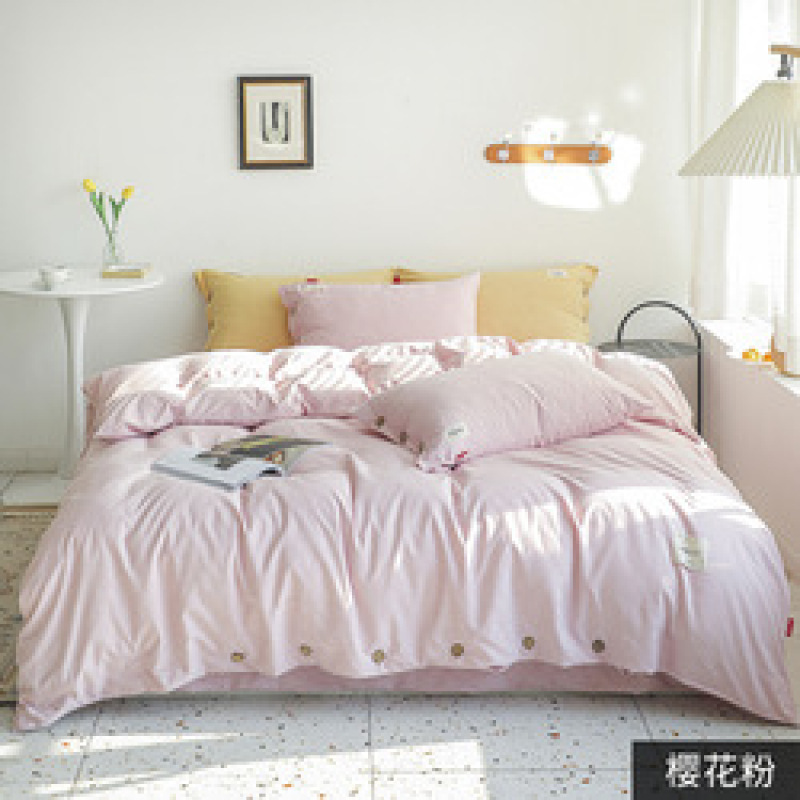 New button 4-piece set 60s yarn-dyed cotton plain plain bedspread 4-piece set Single double bed Set/
