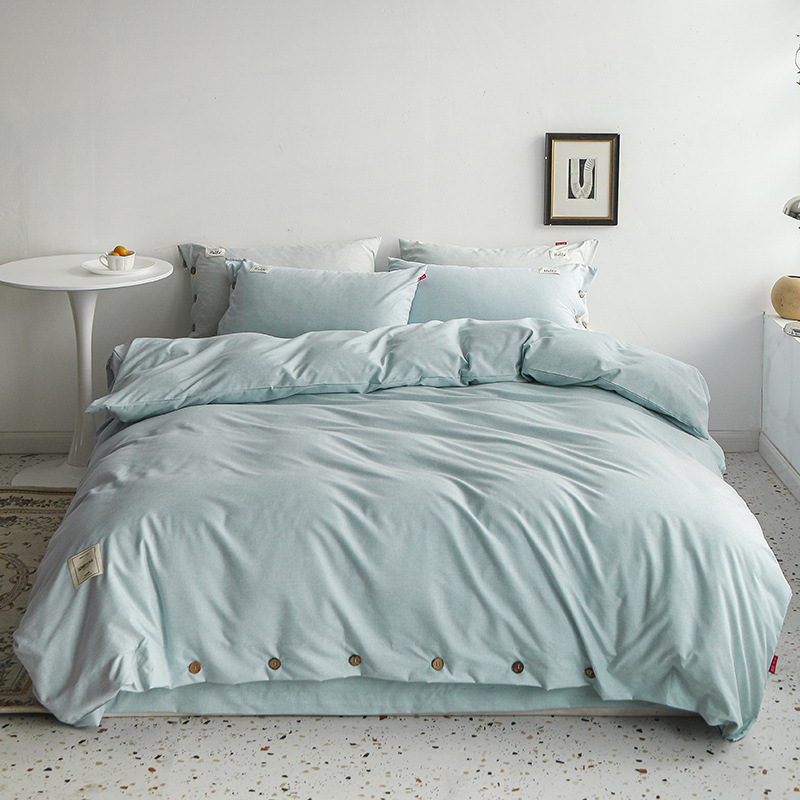 New button 4-piece set 60s yarn-dyed cotton plain plain bedspread 4-piece set Single double bed Set/