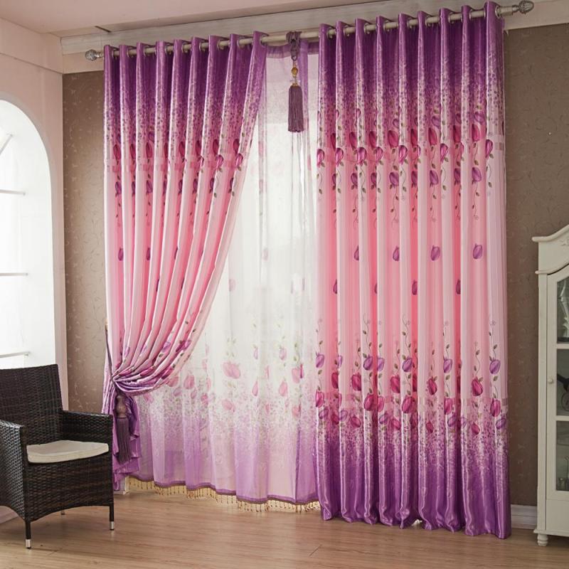 Modern Simple Tulips Curtain / Wholesale Printing White Silk Finished Products Blackout Curtain, Customized Flat Window Hotel