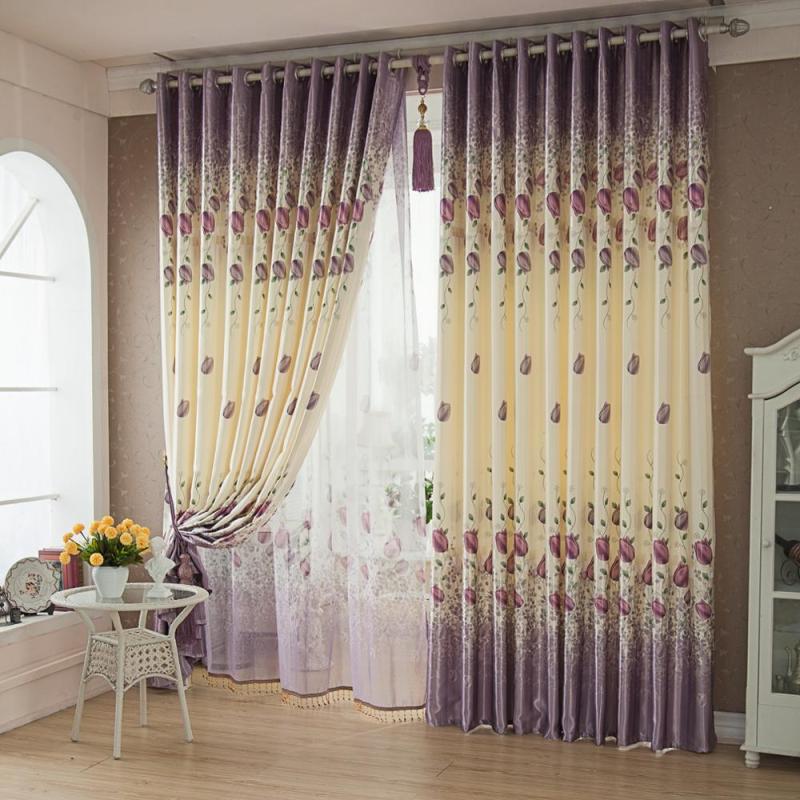 Modern Simple Tulips Curtain / Wholesale Printing White Silk Finished Products Blackout Curtain, Customized Flat Window Hotel