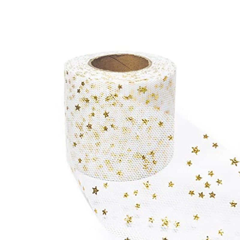 Tulle Glitter Fabric Spool Rolls 2.5 inch x 25 Yards with Sparkling Star Sequin gauze table runner for Birthday Gift Wrapping