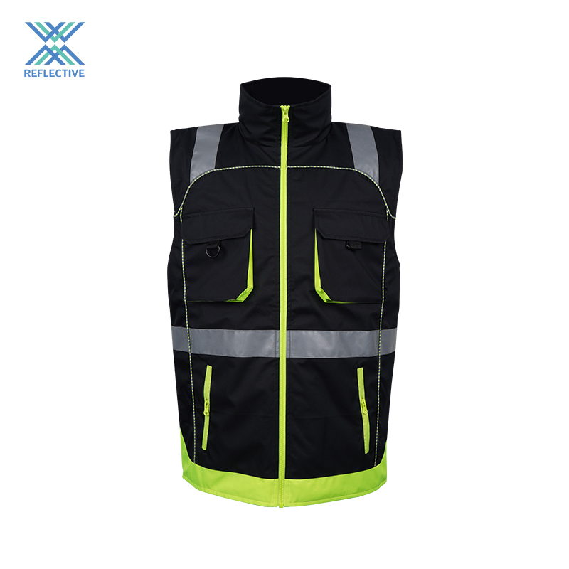 High Visibility Zipper Front Black Safety Vest with High Reflective Strips