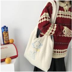 Winter Cute Sheep Printed Soft Warm White Lovely Lamb Wool Hand Bags Plush Material Fabric Tote Bag HandBags