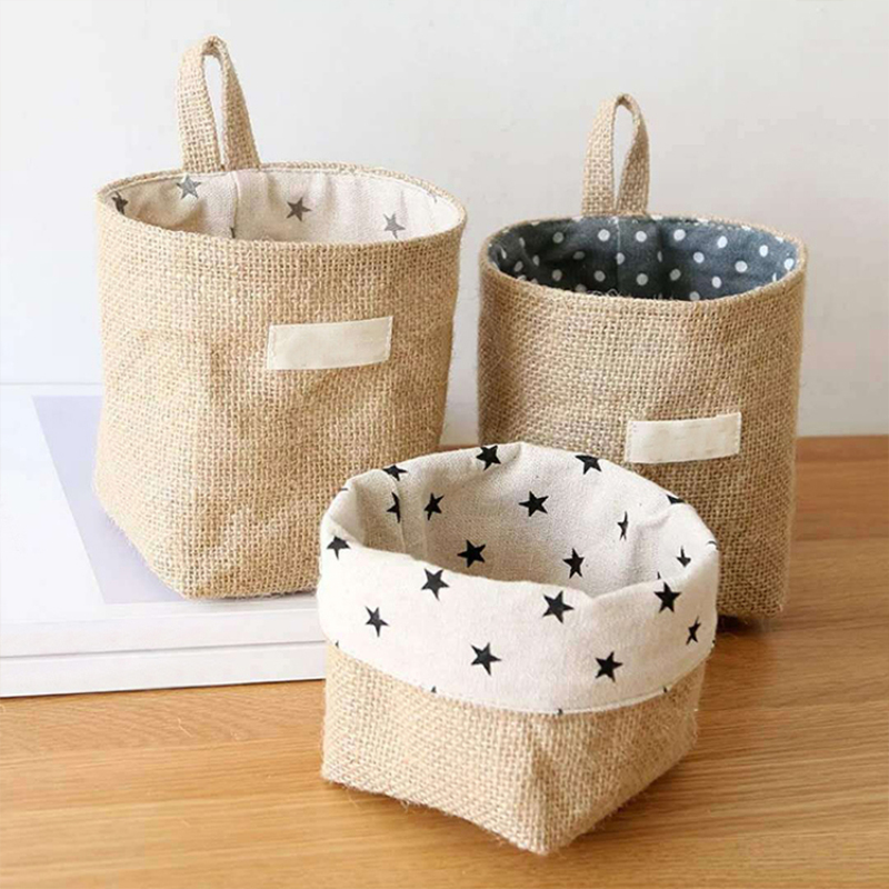 Small Storage Sack Stripe Dot Hanging Bag Storage Basket Jute Cloth Bag Flower Pot Cosmetic Bag