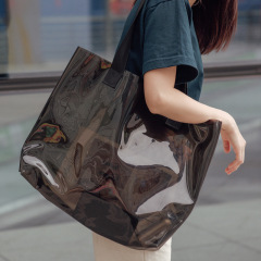El bolso de encargo de la moda espesa el bolso de compras transparente colorido transparente del espacio en blanco de la bolsa de asas del PVC