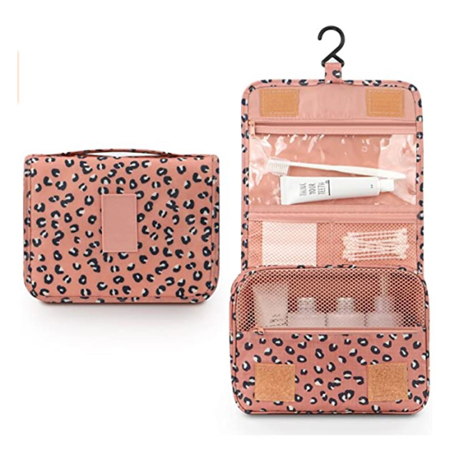2022 moda multicolor logotipo personalizado leopardo rosa grande maquillaje cosmético viaje organizador colgante bolsa de aseo plegable