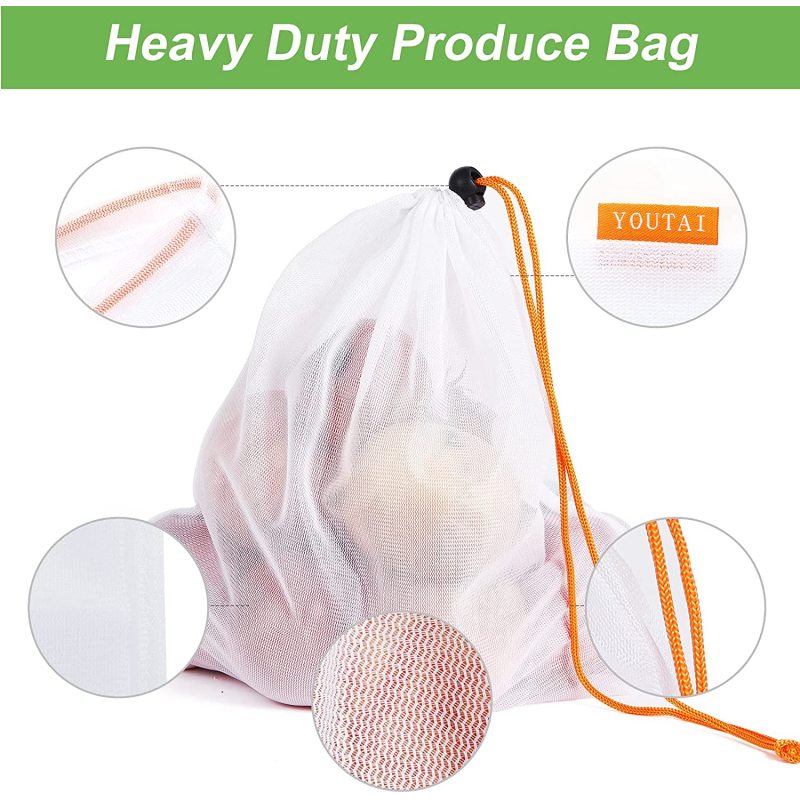 Wholesale Customized Logo Reusable RPET Polyester drawstring mesh bags fruit vegetable supermarket net bag