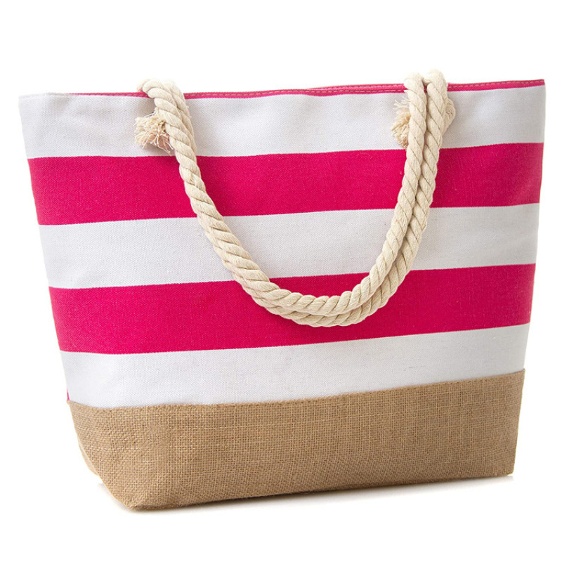 Waterproof Top Zipper Closure large canvas Travel Shoulder Handbag Women Stripe Beach Summer Bag with pocket