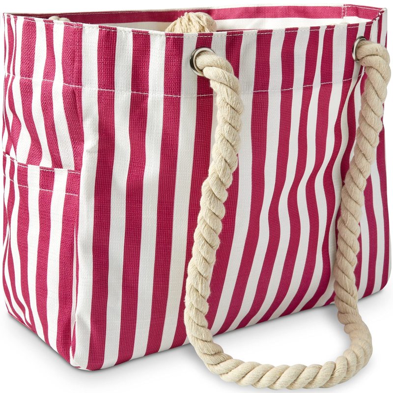 Waterproof Top Zipper Closure large canvas Travel Shoulder Handbag Women Stripe Beach Summer Bag with pocket
