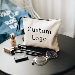 Bolsa pequeña con cremallera en blanco de algodón personalizada respetuosa con el medio ambiente, bolsas de maquillaje, bolsa de cosméticos de maquillaje de lona de algodón liso con logotipo