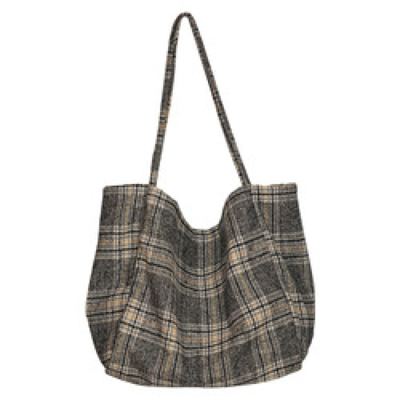 Reusable Cotton Canvas Plaid Shoulder Tote Bag Shopping Tote Environmental Durable Totes