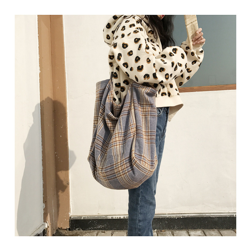 Reusable Cotton Canvas Plaid Shoulder Tote Bag Shopping Tote Environmental Durable Totes