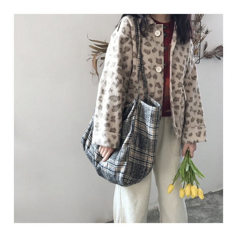 Reusable Cotton Canvas Plaid Shoulder Tote Bag Shopping Tote Environmental Durable Totes
