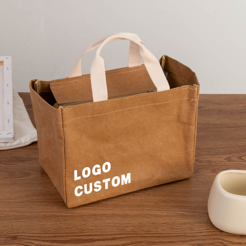 Promotional Wholesale Custom Logo Large Washable Kraft Pape Tote Bag Lunch Bags with Logo for Bento Work Class