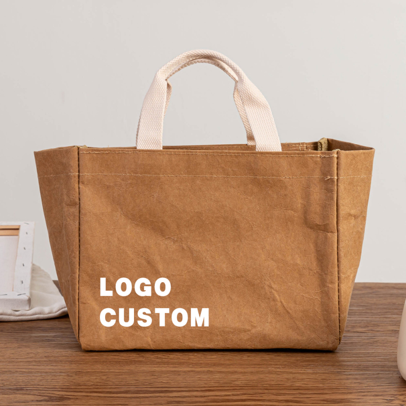 Promotional Wholesale Custom Logo Large Washable Kraft Pape Tote Bag Lunch Bags with Logo for Bento Work Class