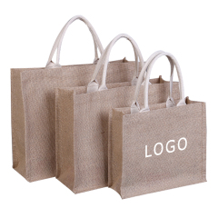 Bolsa de yute laminada respetuosa con el medio ambiente, bolsa de playa de lino reutilizable de arpillera, bolsas de compras de arpillera con logotipo personalizado