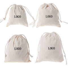 Bolsa de algodón respetuosa con el medio ambiente al por mayor, bolsa con cordón de calicó de algodón de lona impresa con logotipo personalizado con bolsa de cordón de doble cuerda