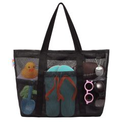 Sac fourre-tout pliable en maille légère, sac fourre-tout de plage en nylon recyclé avec pochette de rangement