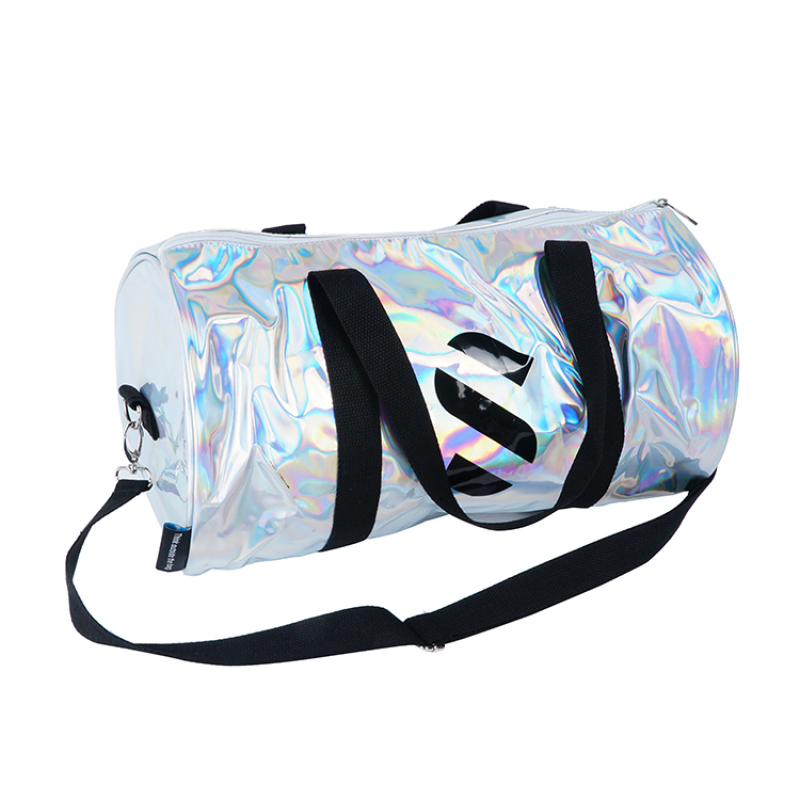 Custom logo waterproof foldable travel iridescence PU sport duffle bag with pocket