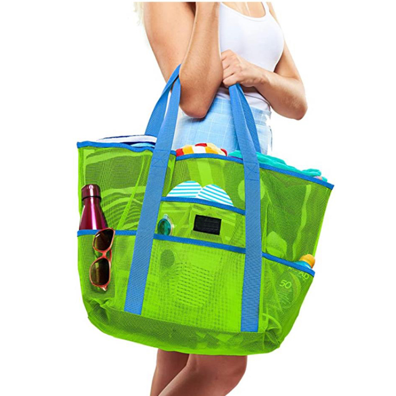 Wholesale 2 in 1 Striped Mesh Beach Tote Bag with Pockets Big for Family Pool