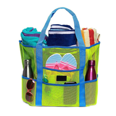 Оптовая продажа 2 в 1 полосатой сетчатой ​​пляжной сумке с большими карманами для семейного бассейна