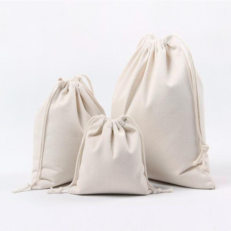 Custom Logo Small White Organic Canvas Bags Cotton Linen Drawstring Bag
