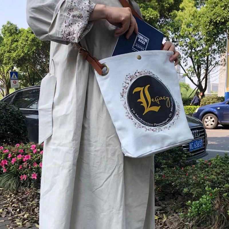 Leather handle canvas bag custom print promotional 100% cotton canvas tote bag wholesale