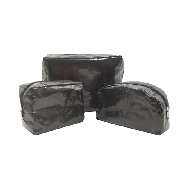 Bolsa de maquillaje tejida con cremallera negra con logotipo personalizado promocional al por mayor bolsas de cosméticos