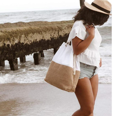 Bolso de playa tejido de compras grande Bolso de mano bohemio de lona y yute Bolso de hombro de verano
