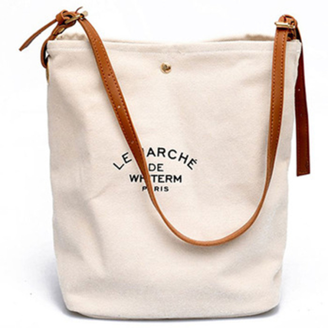 Neues Modedesign Benutzerdefiniertes Logo Farbe Baumwolle Braun Griffe Einkaufstasche Bedruckte Segeltuch-Umhängetaschen mit Lederhand