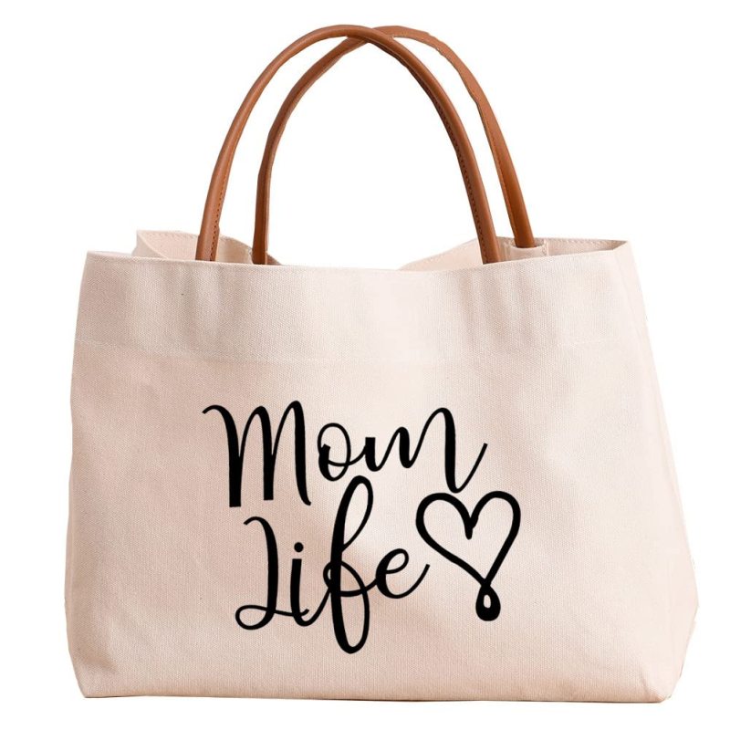 Customized Leather Handle Tote Bag Beach Travel Canvas Cotton Mama Bag with Letter Logo Pattern Fashion Style