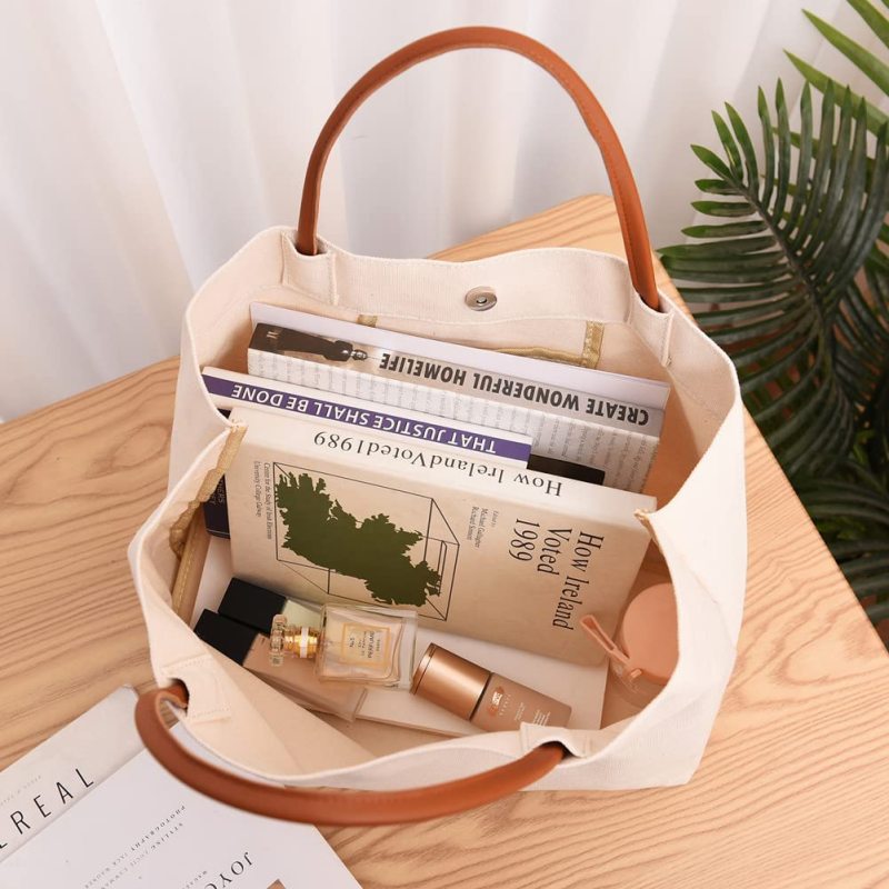Customized Leather Handle Tote Bag Beach Travel Canvas Cotton Mama Bag with Letter Logo Pattern Fashion Style