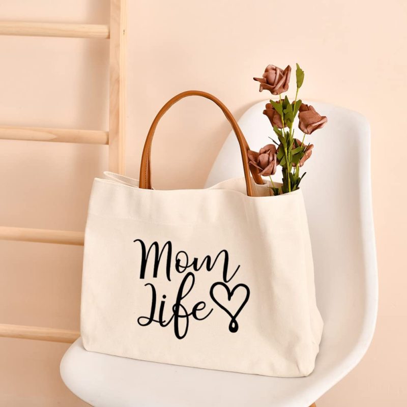 Customized Leather Handle Tote Bag Beach Travel Canvas Cotton Mama Bag with Letter Logo Pattern Fashion Style