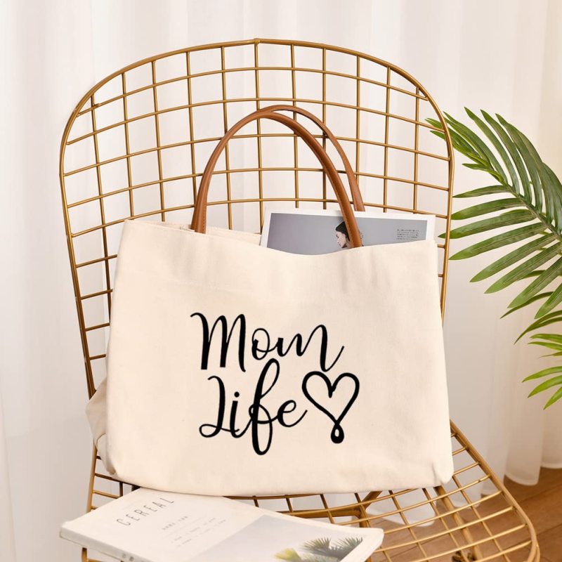 Customized Leather Handle Tote Bag Beach Travel Canvas Cotton Mama Bag with Letter Logo Pattern Fashion Style