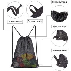 Custom Sports Mesh Sport Equipment Bag Große schwarze strapazierfähige Nylon-Mesh-Tasche mit verschiebbarem Kordelzugverschluss