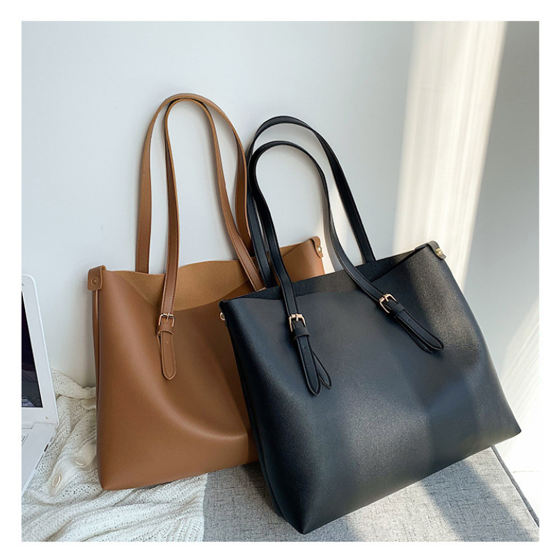 Fashion Women PU Leather Solid Color Shoulder Shopping Bag Casual Ladies Large Capacity Tote Handbags