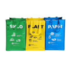 Bolsa de basura tejida pp reciclable personalizada con logotipo laminado, bolsas de basura ecológicas con asa de nailon