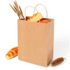 Günstige recycelte, individuell mit Logo bedruckte Lebensmitteleinkaufsverpackung, braune Kraftpapiertüte mit Griffen